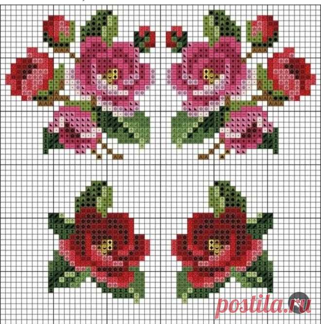 four cross stitch roses with green leaves and red flowers in the middle, on a white background