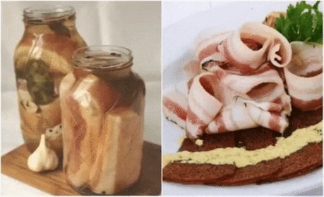 Очень вкусное, нежное Сало в чесночном маринаде 
Салом, засоленным в рассоле, никого не удивить, а вот сало в чесночном маринаде- это нечто новенькое! Этот рецепт не очень распространённый и весьма интересный, сало имеет оригинальный вкус и приятное чесночное послевкусие! Таким образом, свежее сало маринуется в холодильнике в крутом рассоле с добавлением лаврового листа, чёрного и душистого перцев, семян горчицы и измельчённого чеснока. Итог потрясающий- сало мягкое, ароматное, полностью просол