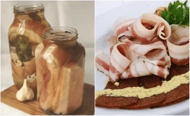 Очень вкусное, нежное Сало в чесночном маринаде 
Салом, засоленным в рассоле, никого не удивить, а вот сало в чесночном маринаде- это нечто новенькое! Этот рецепт не очень распространённый и весьма интересный, сало имеет оригинальный вкус и приятное чесночное послевкусие! Таким образом, свежее сало маринуется в холодильнике в крутом рассоле с добавлением лаврового листа, чёрного и душистого перцев, семян горчицы и измельчённого чеснока. Итог потрясающий- сало мягкое, ароматное, полностью просол