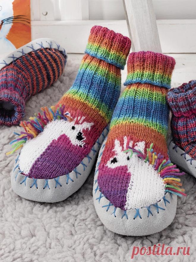 Носки-тапочки с мотивом «Единорог» - схема вязания спицами. Вяжем Тапочки на Verena.ru