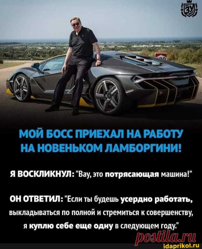 МОЙ БОСС ПРИЕХАЛ НА РАБОТУ НА НОВЕНЬКОМ ЛАМБОРГИНИ! Я ВОСКЛИКНУЛ: "Вау, это потрясающая машина!" ОН ОТВЕТИЛ: "Если ты будешь усердно работать, выкладываться по полной и стремиться к совершенству, я куплю себе еще одну в следующем году." - АйДаПрикол