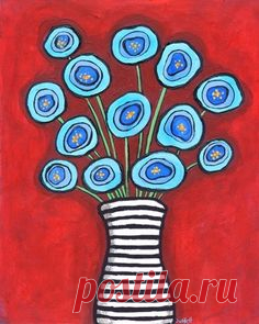 Blue Poppies striped vase Shelagh Duffett Print