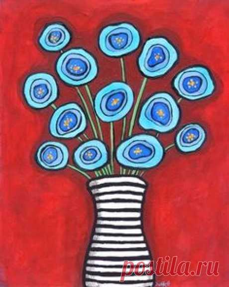 Blue Poppies striped vase Shelagh Duffett Print