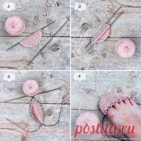 ЕЩЕ ОДИН СПОСОБ ВЯЗАНИЯ НОСКОВ ОТ МЫСКА.
Автор: belka.

Такого способа я не встречала, он возник у меня стихийно. 
Здесь используется свойство так называемой двойной резинки образовывать полость.
 Набрать итальянским набором на одну спицу петли для мыска. И вязать двойной резинкой (1лиц, 1 снять с нитью перед работой), делая прибавки и включая их в работу. Визуально вязание плоское, не нужно перетягивать леску или орудовать 5-ю спицами. Удобно вязать на 2-х спицах️.
 Когда...