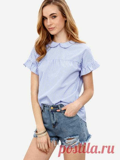 Blue Striped Peter Pan Collar Short Sleeve Blouse