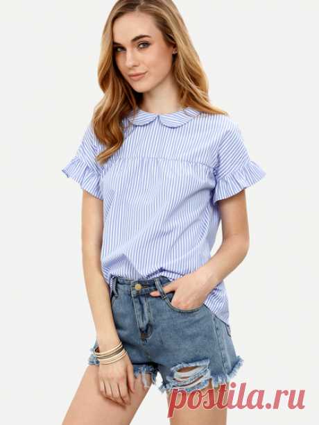 Blue Striped Peter Pan Collar Short Sleeve Blouse