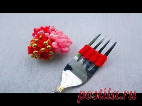 hand embroidery amazing trick with fork# super easy woolen flower making idea#wool flower with beads