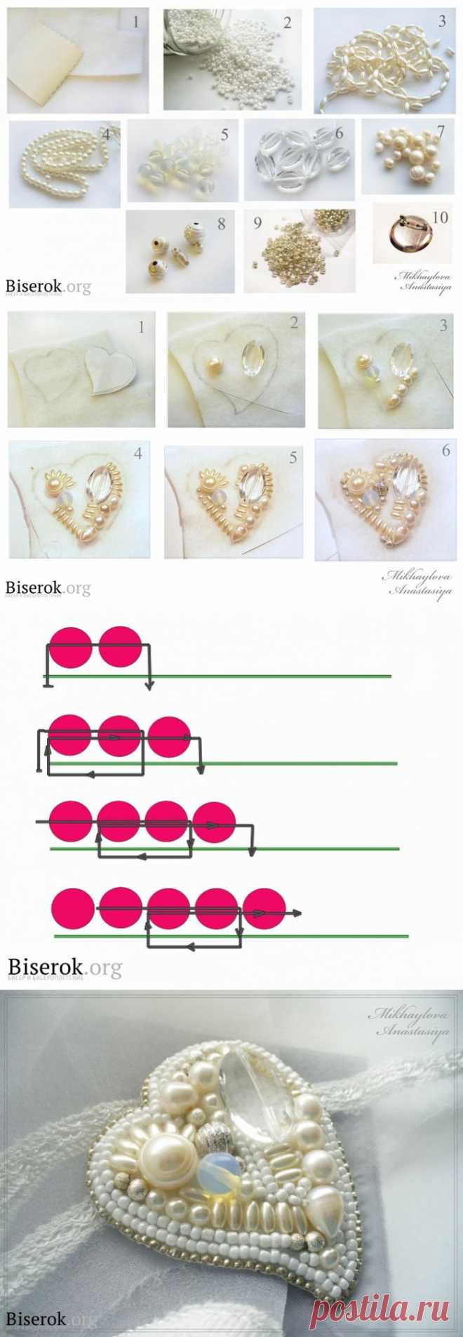 Брошь-сердечко расшитое бисером | Самоделкино
