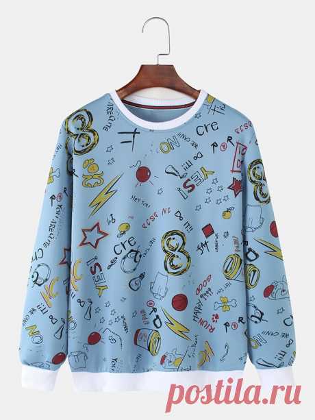 Mens Cotton Cute Graffiti Print Pullover Round Neck Long Sleeve Casual Sweatshi - US$22.99