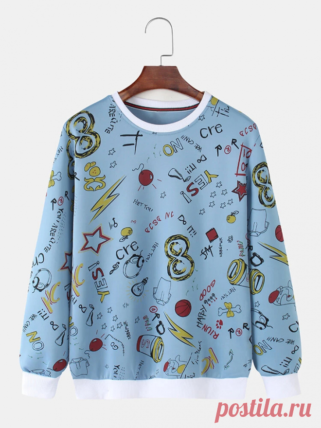 Mens Cotton Cute Graffiti Print Pullover Round Neck Long Sleeve Casual Sweatshi - US$22.99
