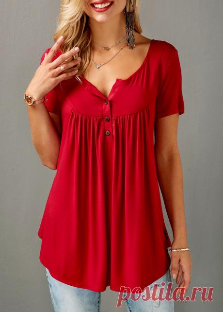 Curved Short Sleeve Split Neck Red Blouse | liligal.com - USD $29.22