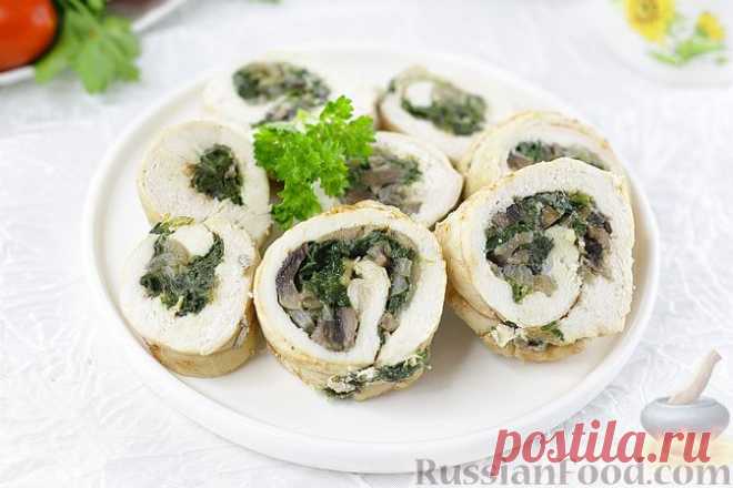 Рецепт: Куриные рулеты с грибами и шпинатом на RussianFood.com