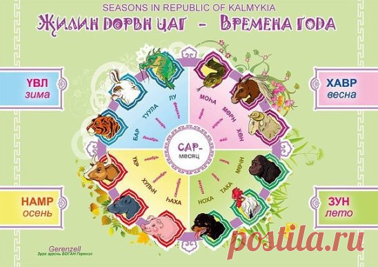 Калмыцкий календарь
У калмыков, как у народов Восточной и Центральной Азии, бытовал лунно-солнечный календарь двенадцатилетнего животного цикла. Впервые среди монголоязычных народов, в том числе ойратов, календарь был введен в 13 веке императором Хубилаем. Как и любой календарь, он исходит из основной единицы измерения времени – суток, потом идут неделя, месяц, год, век. Астрономической основой лунно-солнечного календаря служили наблюдения за движениями Луны вокруг Земли (месяц), Земли вокруг Со