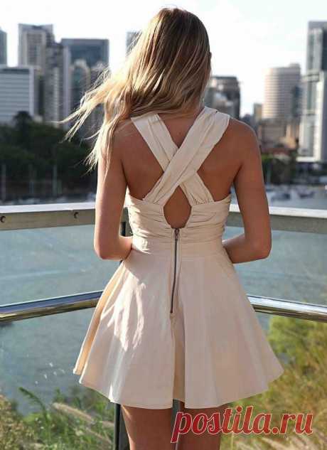 Beige Criss Cross Mini Skater Dress with Pleated Skirt