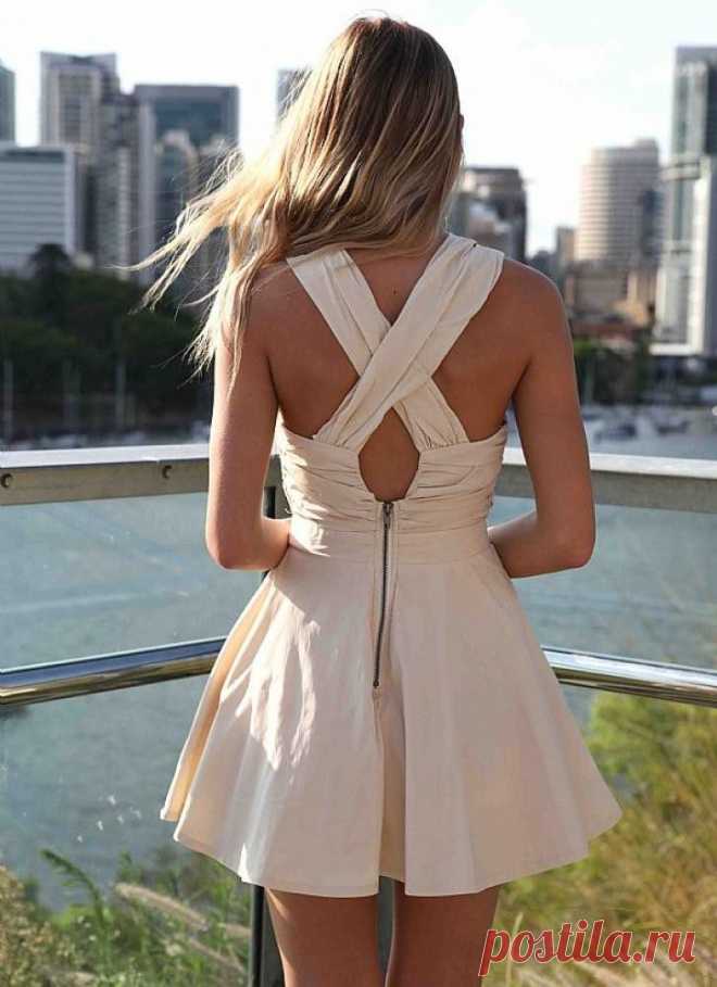 Beige Criss Cross Mini Skater Dress with Pleated Skirt