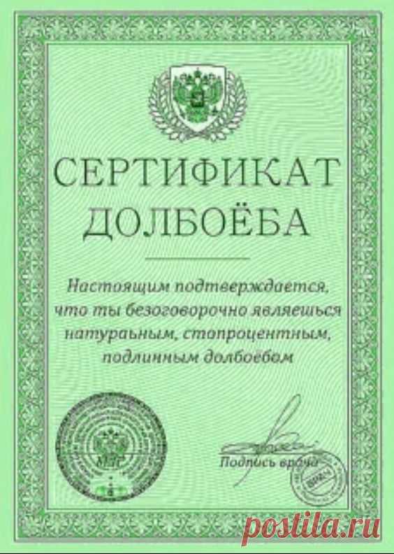 Сертификат долбоёба (зелёный)