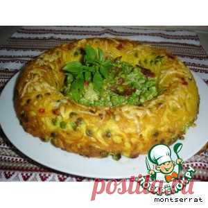 Корона из спагетти с зеленым горошком и ветчиной - кулинарный рецепт