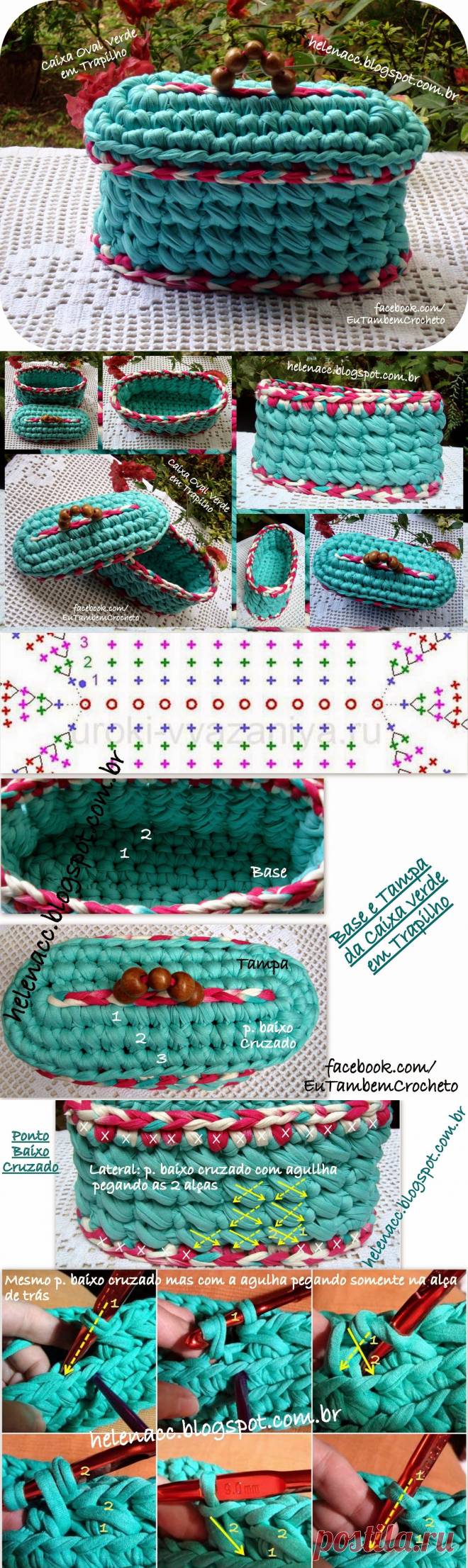 EU TAMBÉM CROCHETO...: Caixa Oval Verde com Tampa em Trapilho (P. baixo cruzado)