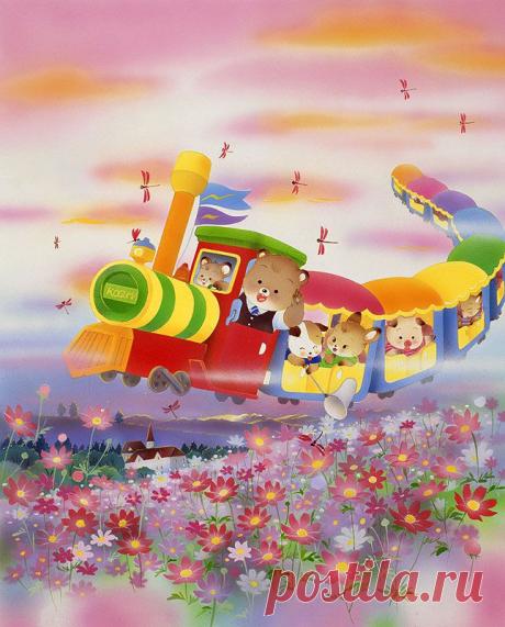 動物イラスト　コスモス畑、電車に乗り空を渡る動物達