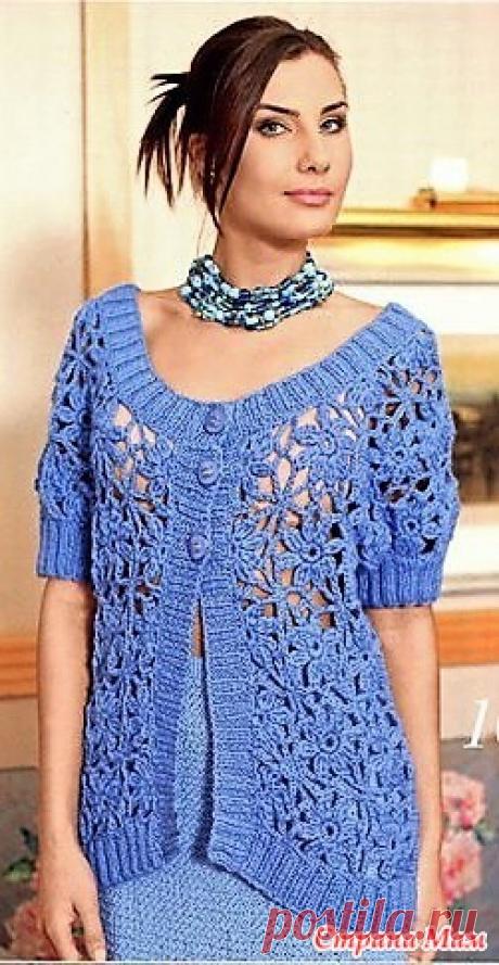 Резинка+мотивы. Ажурный жакет спицами и крючком. Автор: Можаева С. А. Размер: 50. Средняя степень сложности. ВАМ ПОТРЕБУЕТСЯ 600 г пряжи Vita «UNITY» (85 % шерсти, 15 % акрила; 175 м/100 г) голубого цвета;
