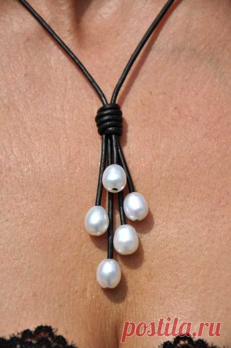 Pearl and Leather Necklace - 5 Pearl Black Lariat Necklace - Pearl and Leather Jewelry Collection