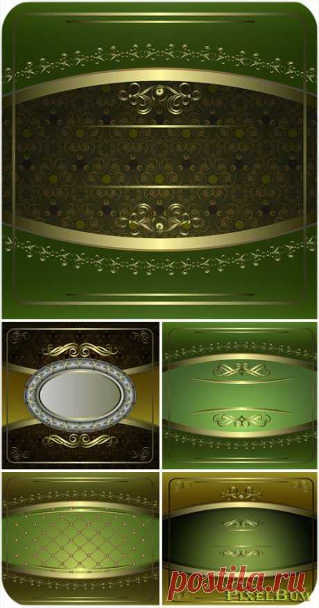 Зеленые векторные фоны с винтажными золотыми узорами » PixelBum