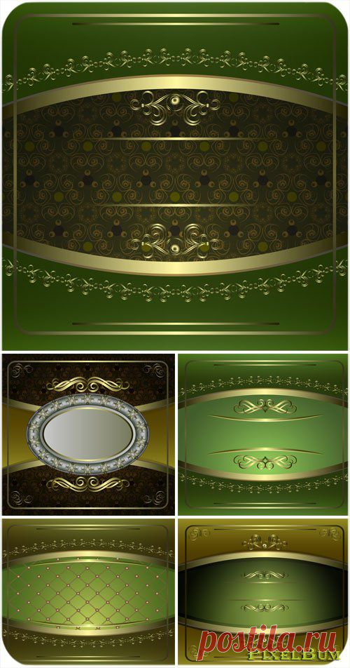 Зеленые векторные фоны с винтажными золотыми узорами » PixelBum