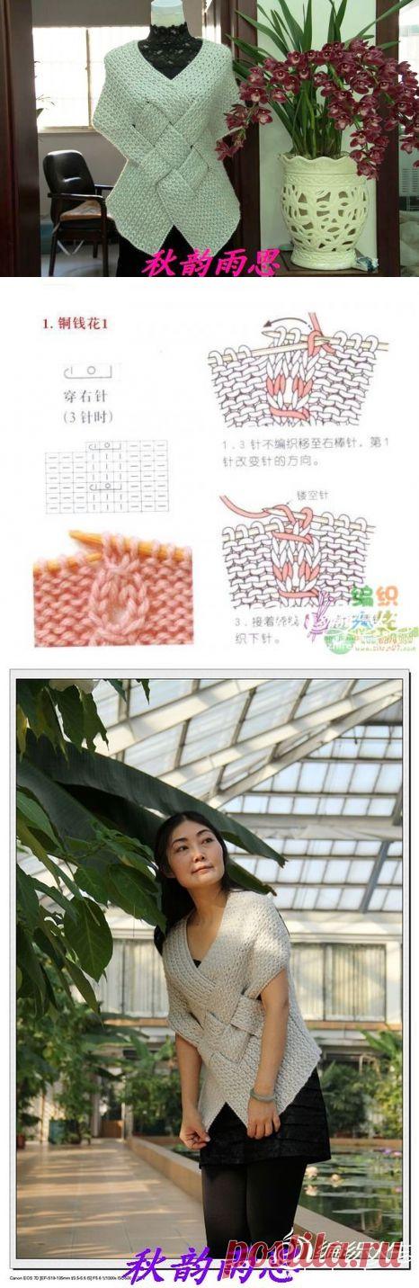 Очень интересный жилет с плетеным узором.