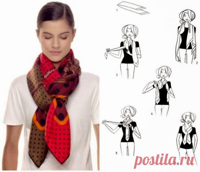 5 фотоинструкций: Как оригинально завязать платок Шелковый платок или шарф – эффектная деталь весенне-летнего гардероба. Предлагаем вам 5 оригинальных способов использования этого аксессуара.