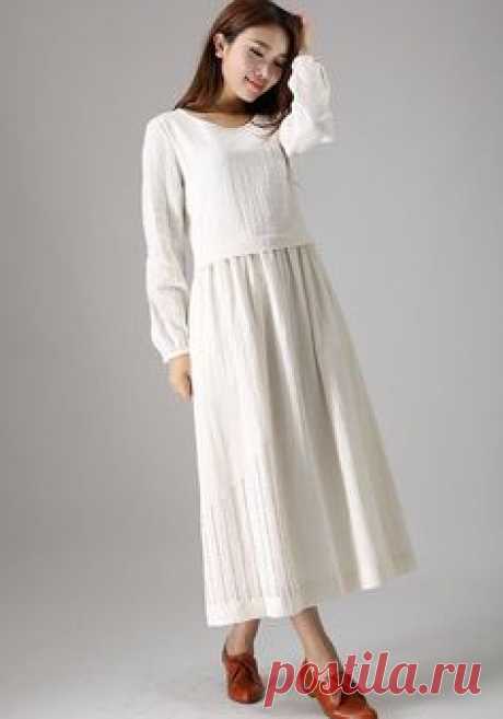 White linen dress woman casual maxi dress day dress by xiaolizi, $89.00