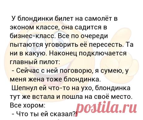 У блондинки билет на самолёт в эконом классе, она садится в бизнес-класс. Все по очереди пытаются уговорить её пересесть. Та ни ... У блондинки билет на самолёт в эконом классе, она садится в бизнес-класс. Все по очереди пытаются уговорить её пересесть. Та ни в какую. Наконец подключается главный пилот:
 - Сейчас с ней поговорю, я сумею, у меня жена тоже блондинка.
 Шепнул ей что-то на ухо, блондинка тут же встала и пошла на своё место. Все хором:
 - Что ты ей сказал?!
