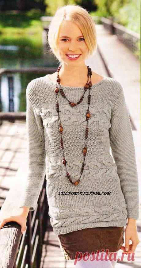 Связанный спицами пуловер с поперечными косами / Стильное вязание   ( схема увеличивается нажатием на нее)