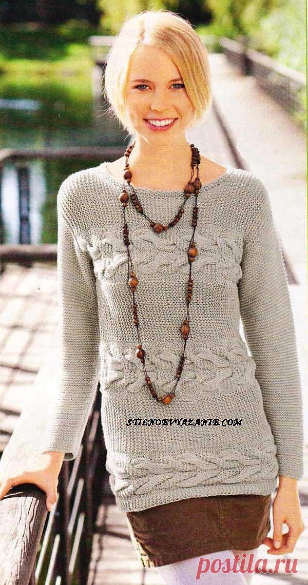 Связанный спицами пуловер с поперечными косами / Стильное вязание   ( схема увеличивается нажатием на нее)