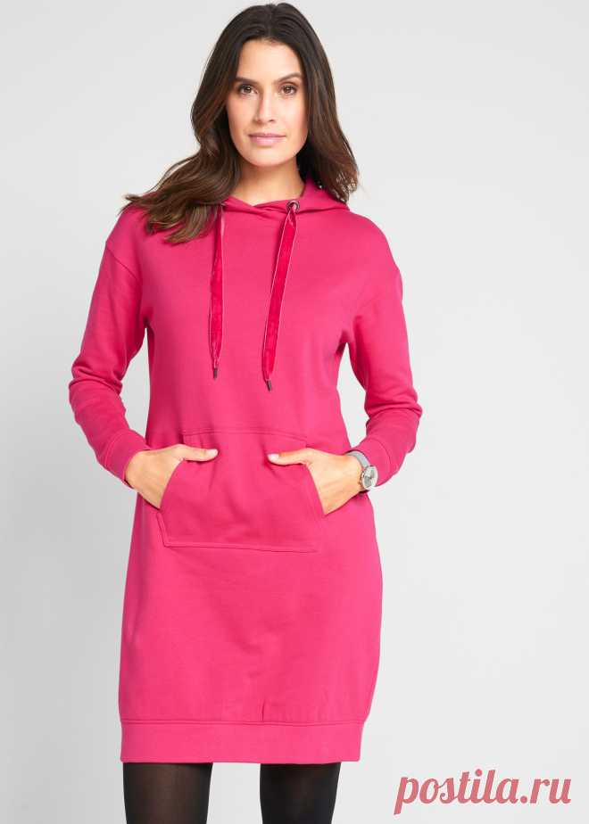 Трикотажное платье с капюшоном и бархатными ленточками - темно-розовый