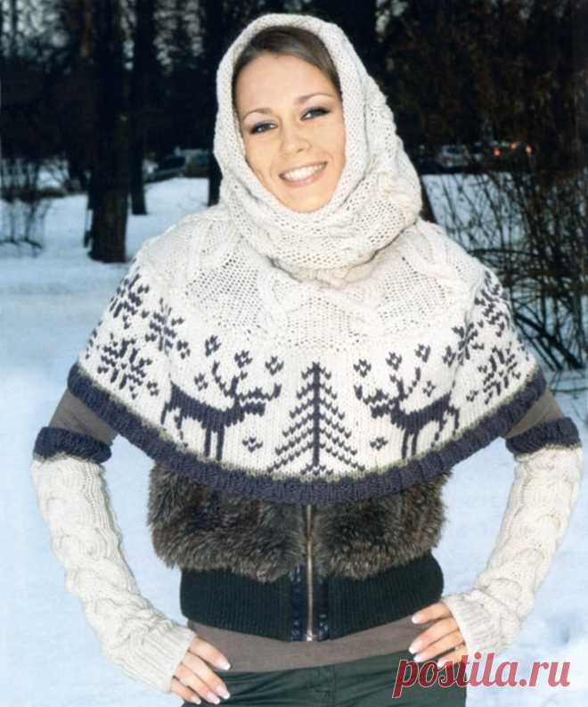 Пелерина спицами зимним узором - Клуб-ок Для вязания пелерины потребуется: пряжа «Vita Harmony» (45% шерсть, 55% акрил, 100 г/110 м): 400 г пряжи цвета экрю (код № 6303), 200 г коричневой (код № 6305) и 50 г оливковой (код № 96306); круговые спицы № 3,5 и № 6. Узоры для вязания: Резинка 2×2; платочная вязка; лицевая и изнаночная гладь; жаккардовые узоры […]