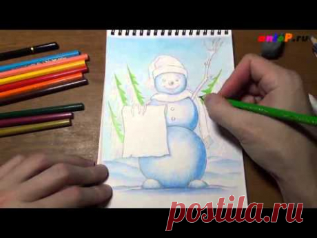 Рисунок снеговика цветными карандашами