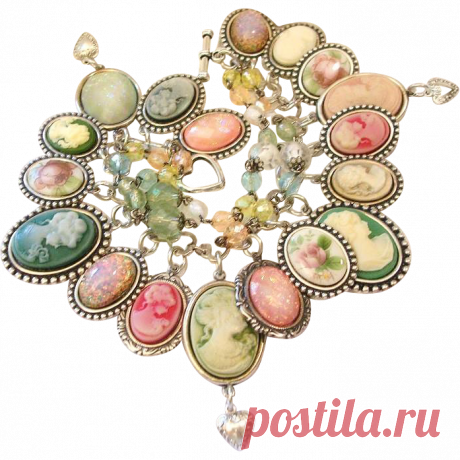 Vintage Victorian Style Cameo Charm Bracelet Flowers Roses Pastel from thevintageheart on Ruby Lane