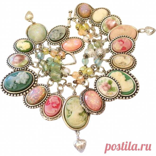 Vintage Victorian Style Cameo Charm Bracelet Flowers Roses Pastel from thevintageheart on Ruby Lane
