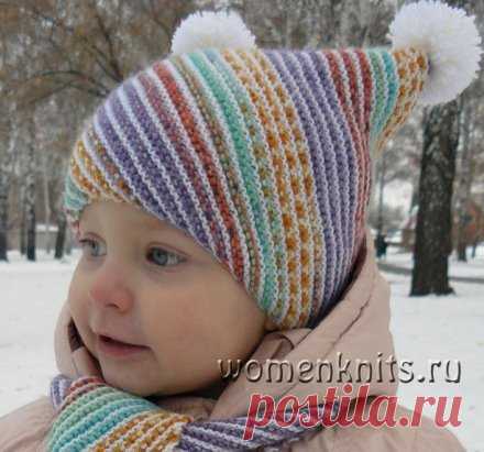 Детская шапочка и шарфик спицами
Описание: http://womanknits.ru/vyazanie-dlya-detej/shapochki-sharfiki/detskaya-shapochka-i-sharfik-spicami