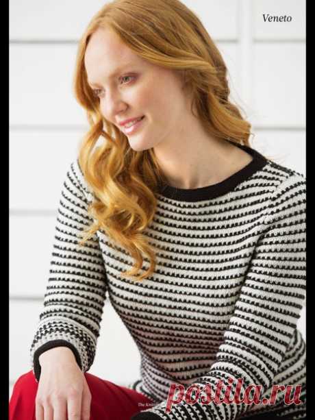 Запись на стене Вязание джемпера Veneto, The Knitter 76Дизайнер: Martin Storey.Никогда еще монохром не выглядел так красиво! Автор умело использовал рисунок со снятыми петлями для придания эффекта пико в его элегантном джемпере с круглой горловиной. Белый по черному внизу джемпера и рукавов переходит на черный по белому, что обеспечивает интересный контраст. Низ джемпера, манжеты и воротник связаны платочной вязкой. Джемпер выполнен из очень популярной пряж...