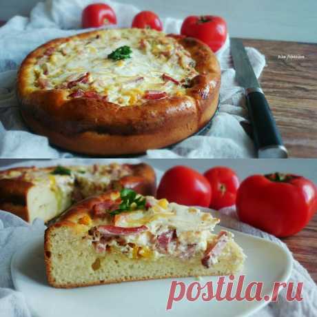 Дрожжевой пирог с бужениной и овощами в сметанной заливке