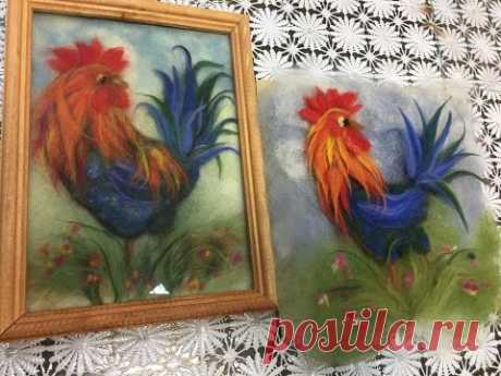 ЖИВОПИСЬ ШЕСТЬЮ -- ПЕТУХ / FELTING of  PICTURE /  HOW TO MAKE A PICTURE of  WOOL