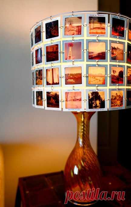 Lampshade made from vintage slides with amber glass base