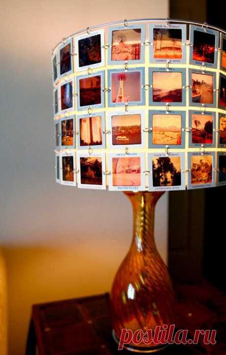 Lampshade made from vintage slides with amber glass base