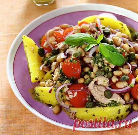 Рецепты с фото: теплый салат с фасолью, картофелем и тунцом