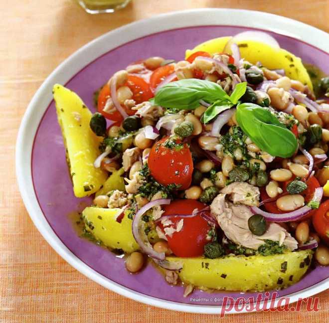 Рецепты с фото: теплый салат с фасолью, картофелем и тунцом