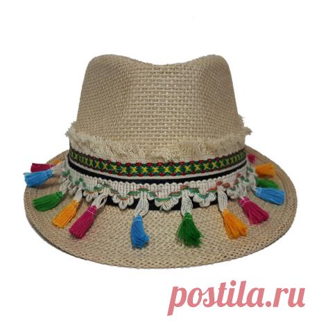 Straw Hat with Colorful Rainbow Tassels Fringe Fashion by Craftasy