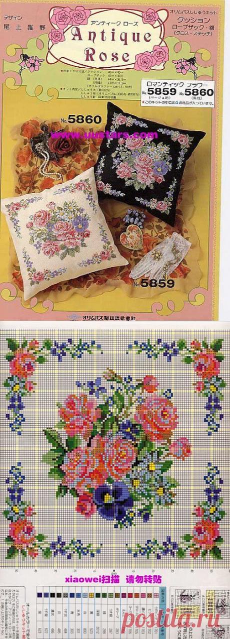 Две подушки - один букет-вышивка.