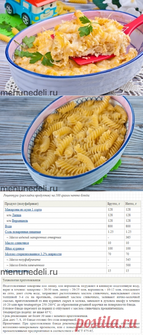 Изделия макаронные, запеченные с яйцами, как в детском саду / Меню недели