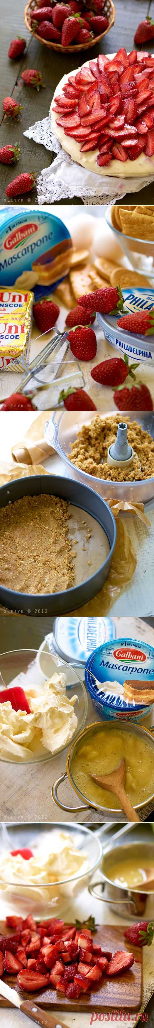 Чизкейк с клубникой, маскарпоне и белым шоколадом без выпечки